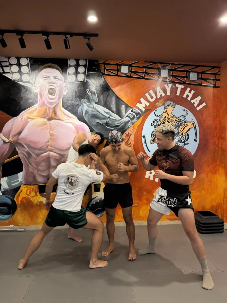 Training floor at RHINO Thai Boxing Gym in Tay Ho, Hanoi, set up for a group class