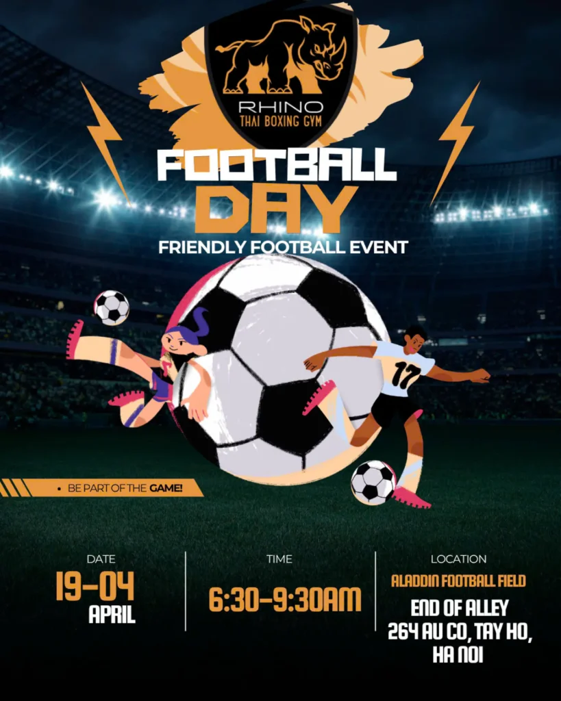 RHINO football event poster with the date, time and venue