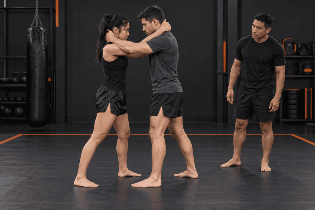 Minh họa clinch trong Muay Thái là gì qua tư thế bắt đầu có HLV quan sát