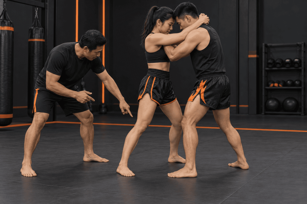 Minh họa HLV sửa thăng bằng và vị trí chân trong bài tập clinch Muay Thái
