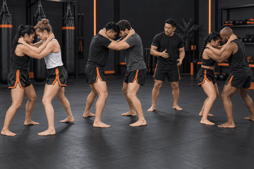 Minh họa lớp Muay Thái tập bài clinch theo cặp có HLV quan sát