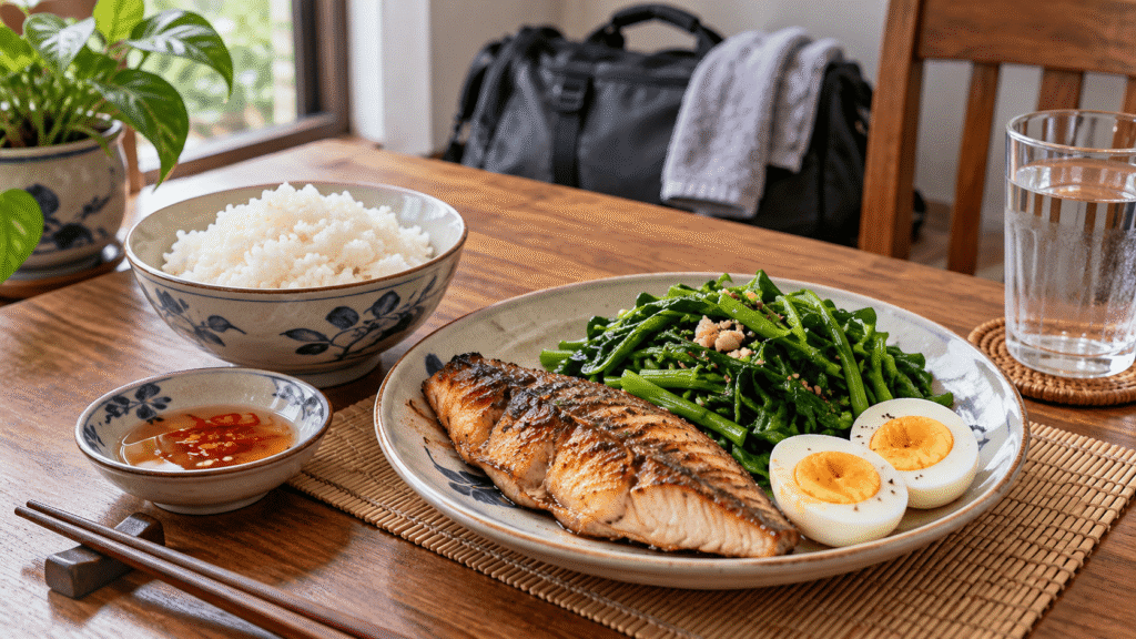 What to eat after gym at night: a Vietnamese rice dinner with fish, greens and egg