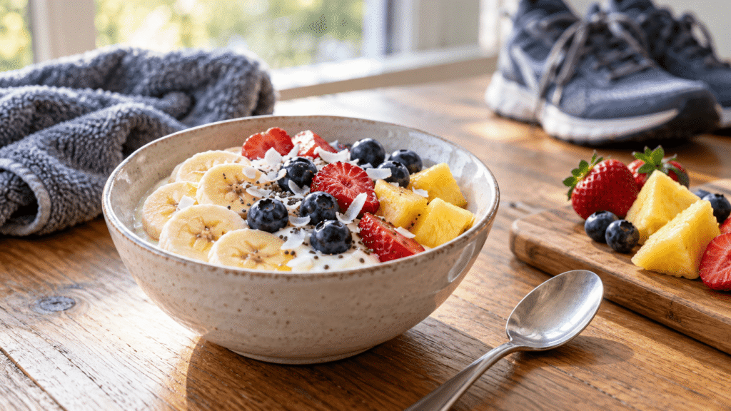 Yoghurt and fresh fruit as a small snack after evening training
