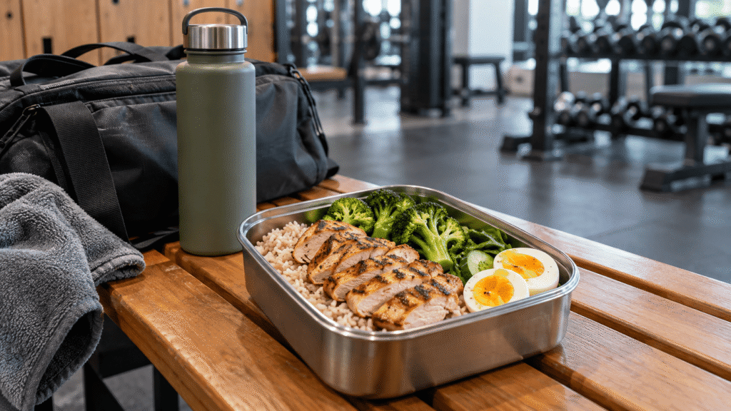A packed rice box ready to take to the gym for after training
